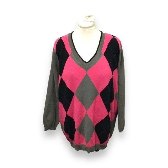 Ellos Women's V-Neck Argyle Sweater Pullover, Gray, size 1X - Picture 3 of 8